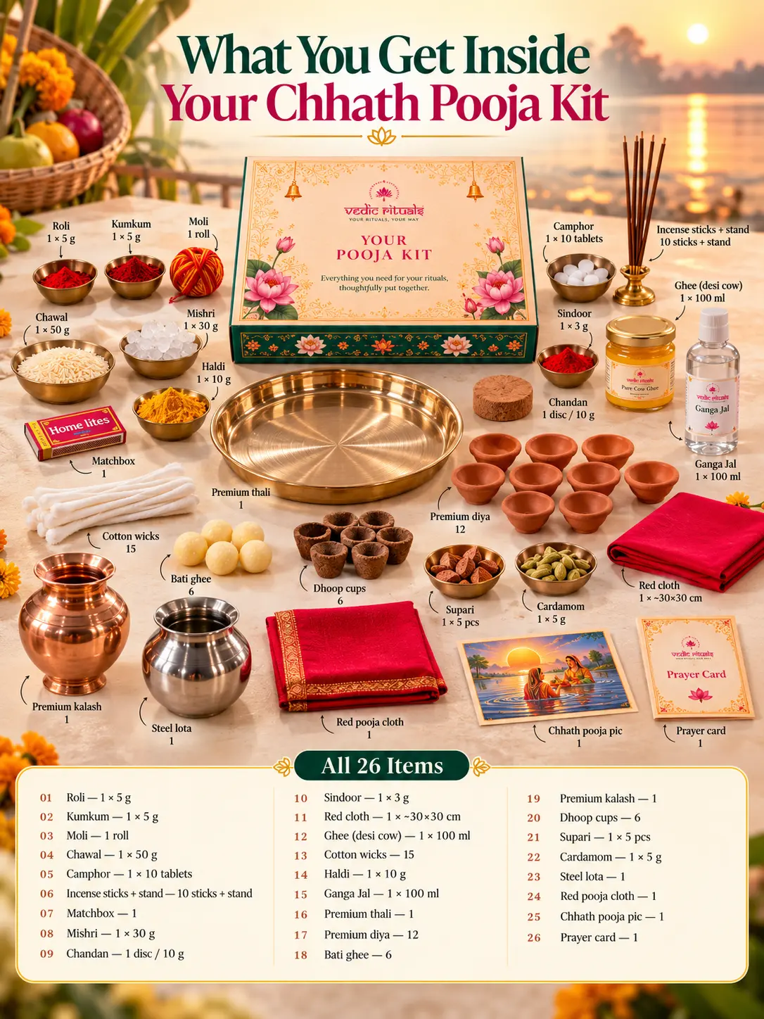 Chhath Pooja Kit contents laid out at sunrise