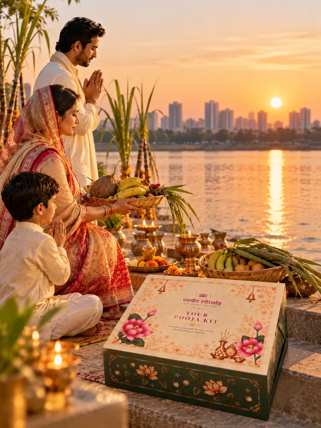 A family offering the sunrise Chhath arghya by the river with the kit box in the foreground