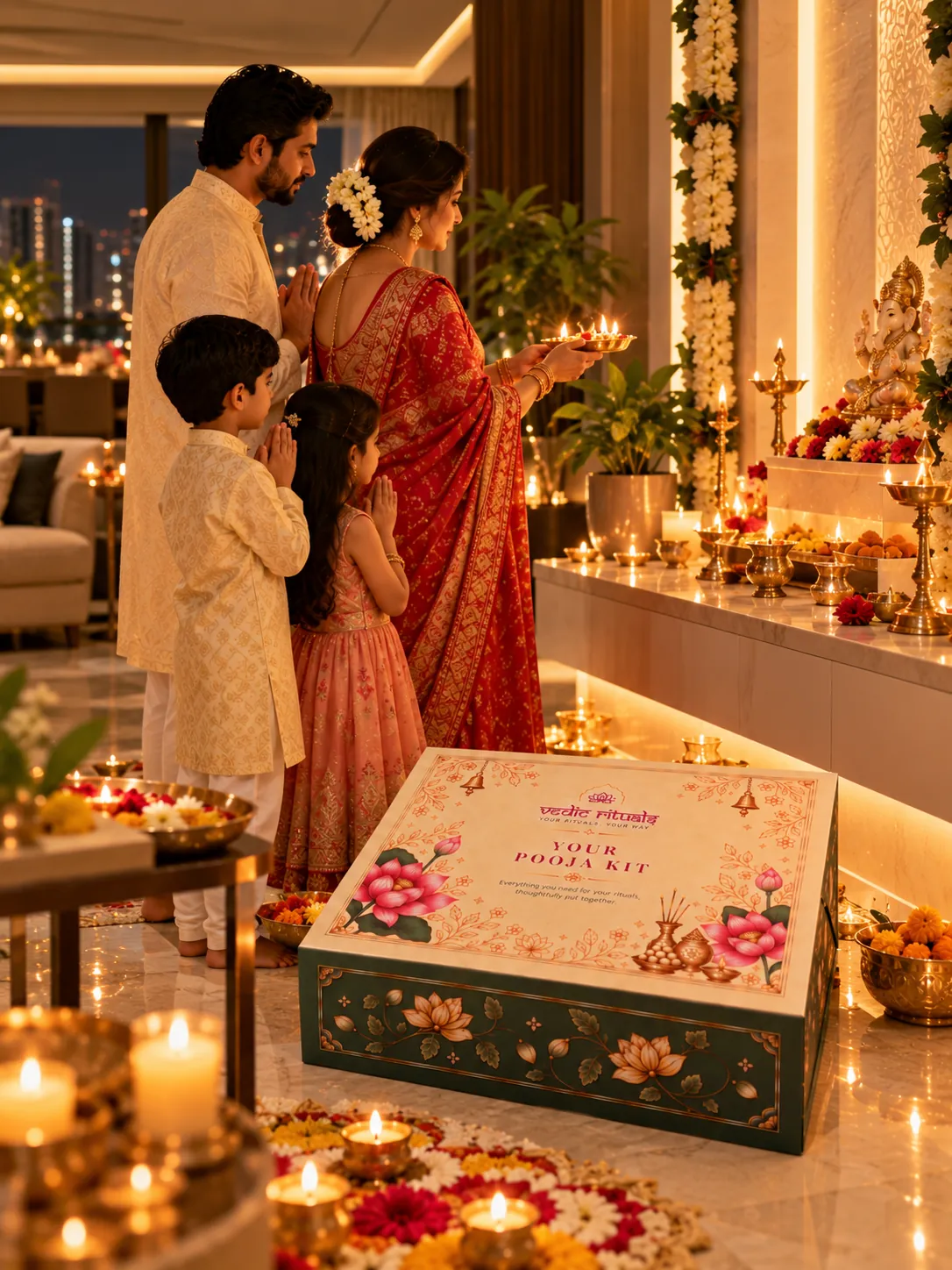 A family performing the Diwali Lakshmi-Ganesh pooja at home with the kit box in the foreground