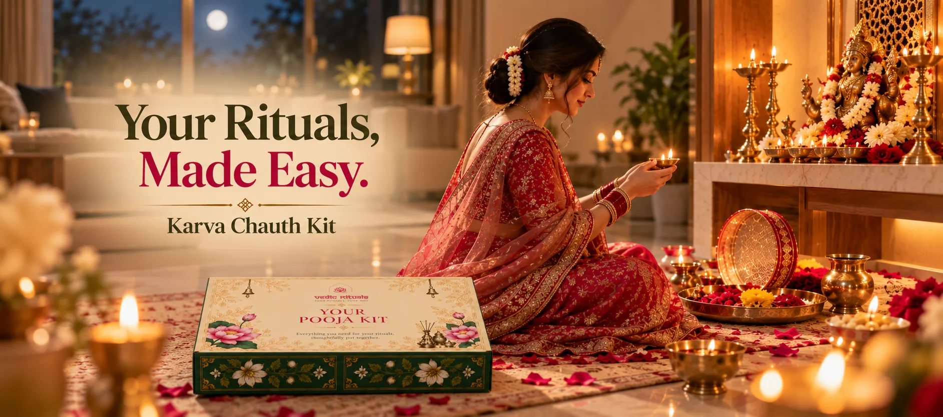 Your Rituals, Made Easy — Karva Chauth Kit, with a woman holding a lit diya before her home altar