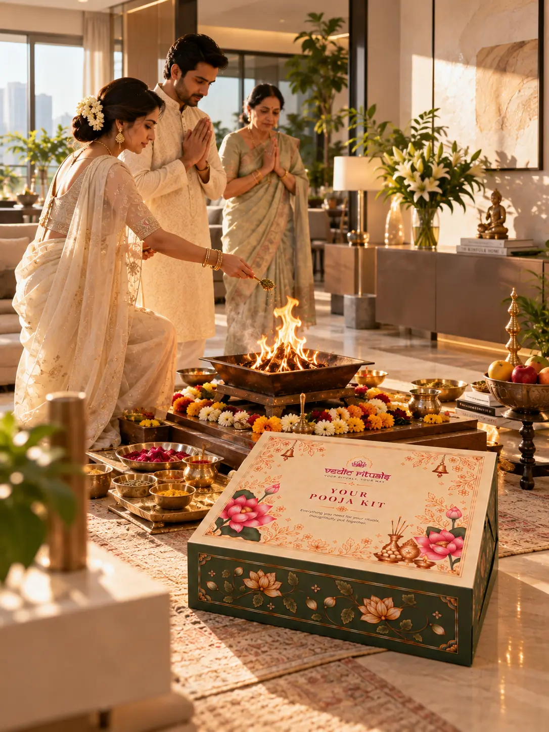 A havan ritual performed at home with the Havan Pooja Kit
