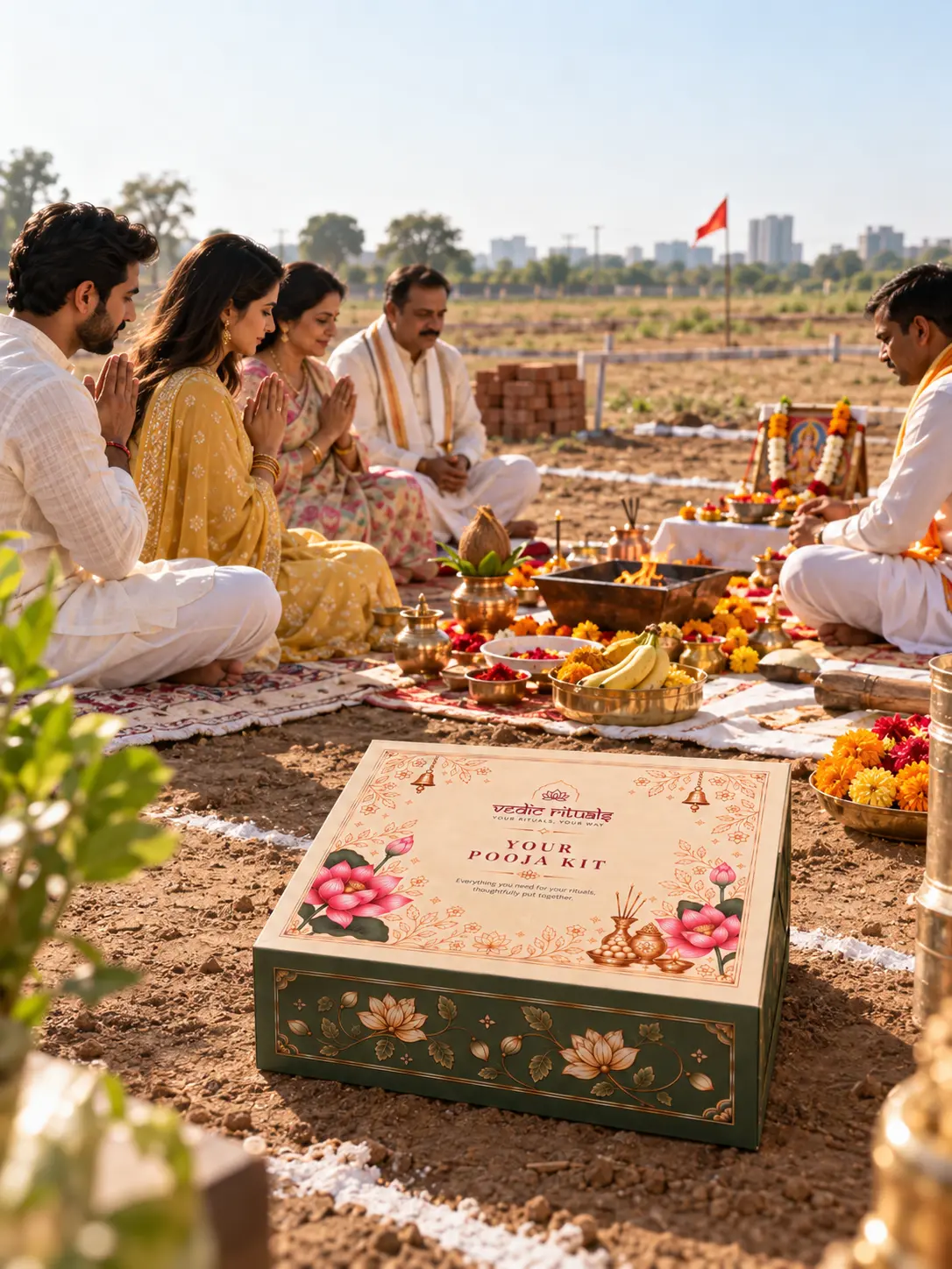 A Bhoomi Pujan ceremony at golden hour with the kit, kalash, diya and ritual guide laid out at the site