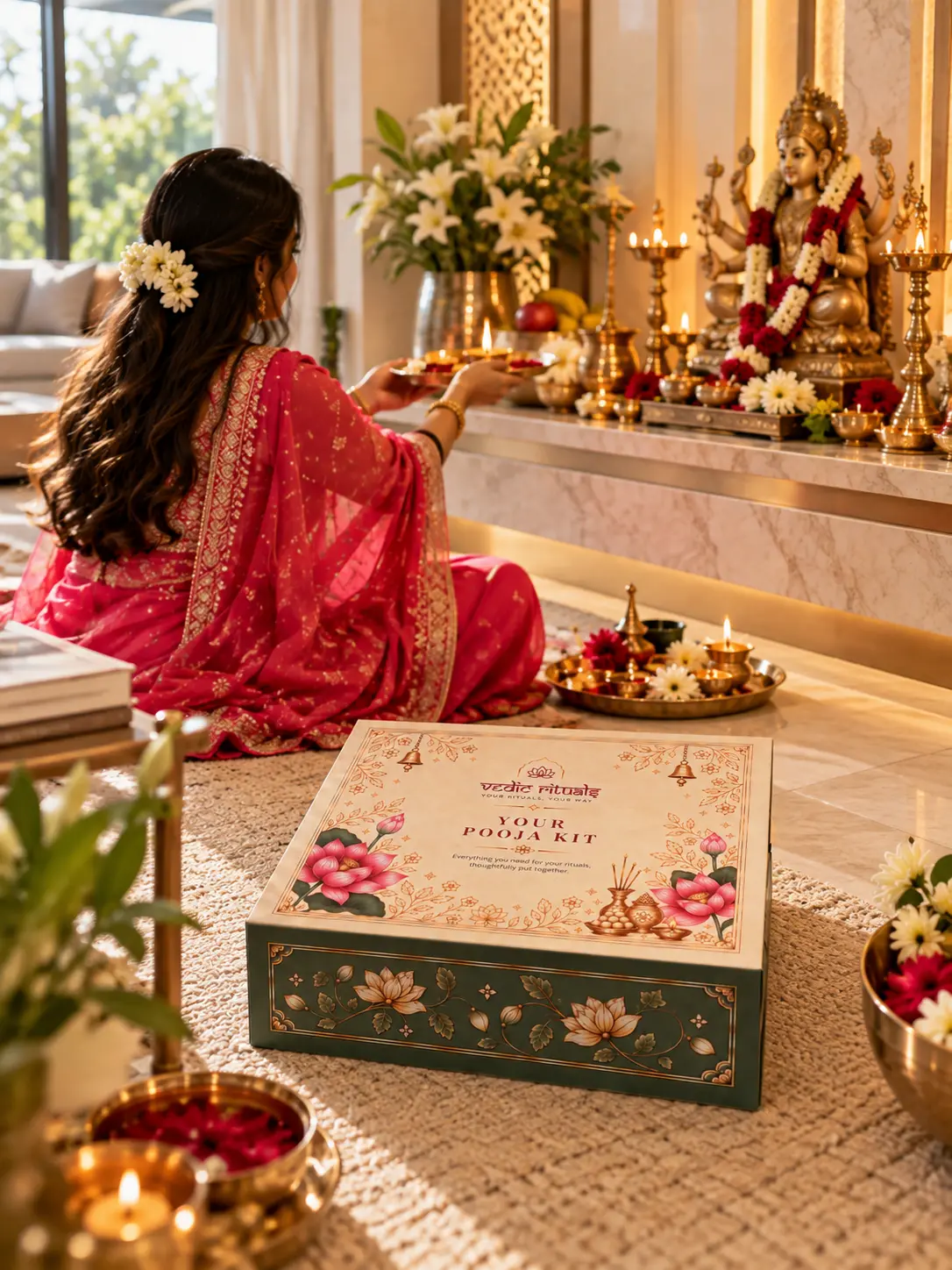 A Navratri pooja set up at home with the Navratri Pooja Kit