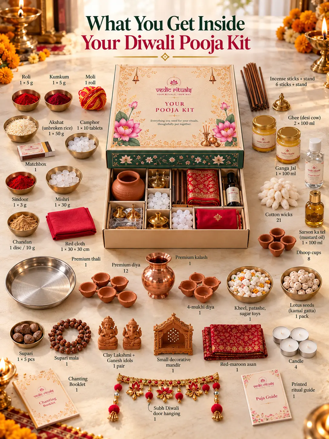 Diwali Lakshmi-Ganesh Kit unboxed with its contents laid out and labelled