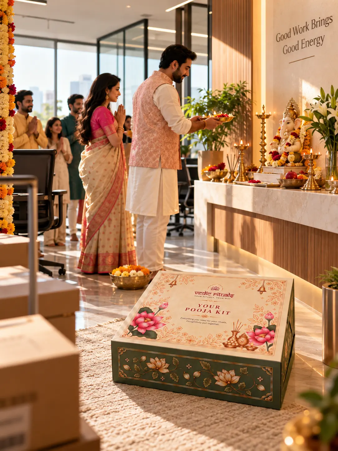 A New Office Pooja ceremony setup with the kit arranged at a decorated desk