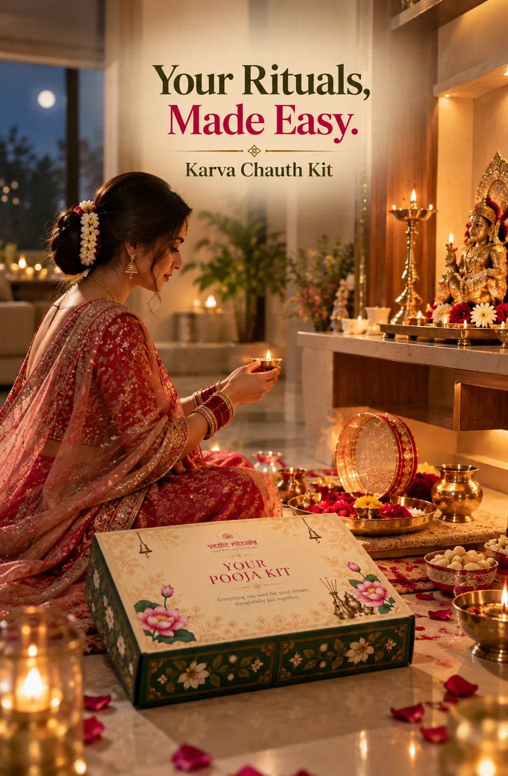 Your Rituals, Made Easy — Karva Chauth Kit, with a woman holding a lit diya before her home altar