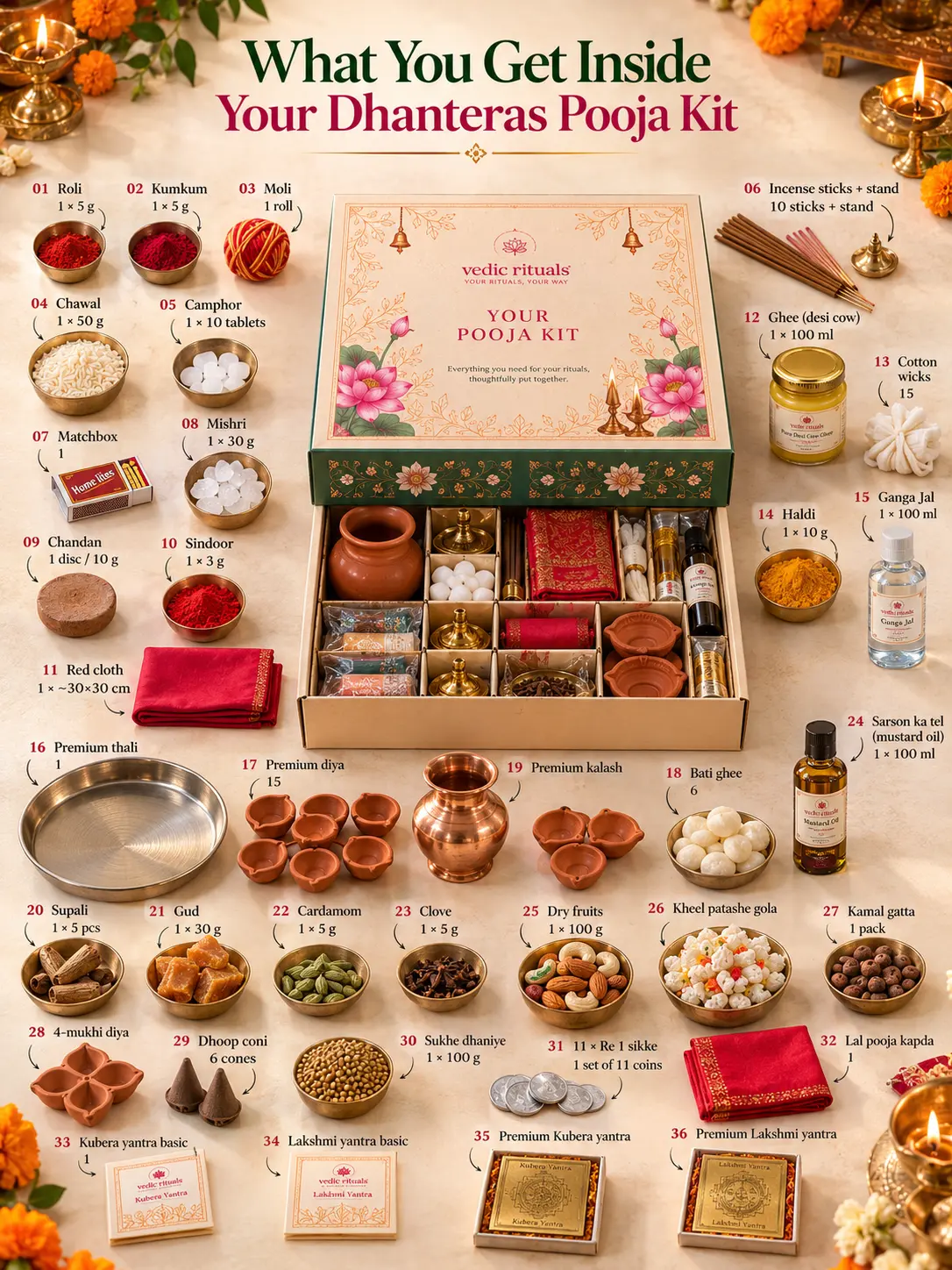 Dhanteras Pooja Kit — what's inside, laid out and labelled around the open box