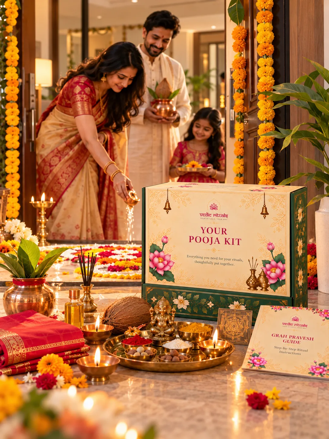 Grah Pravesh kit arranged in a new home