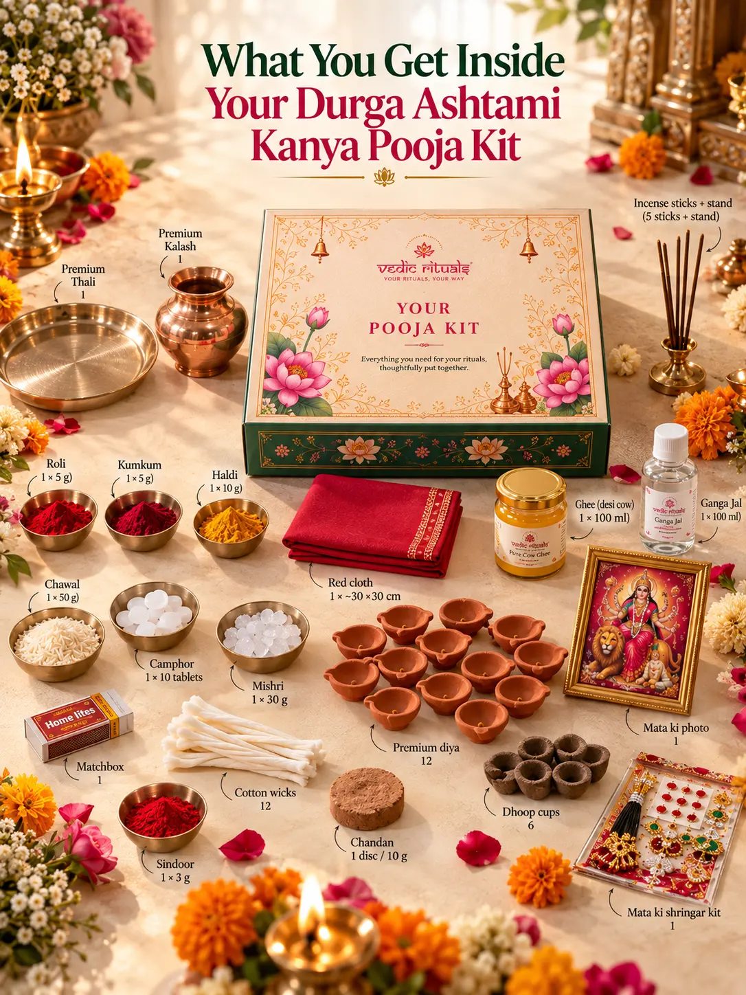 Durga Ashtami Kanya Pooja Kit contents laid out and labelled around the open box
