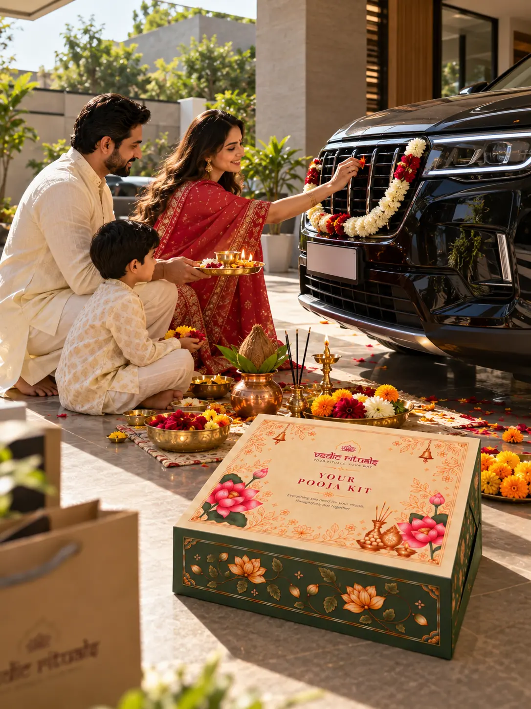 A family performing the new car pooja with the kit laid out before a garlanded car