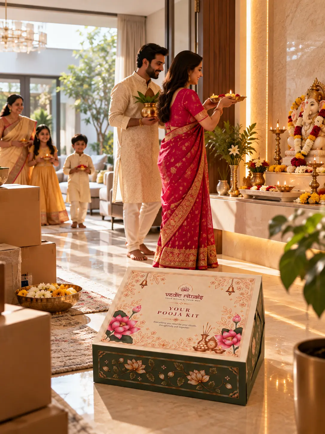 A warm housewarming pooja ceremony at the doorway of a new home with the Grah Pravesh Kit