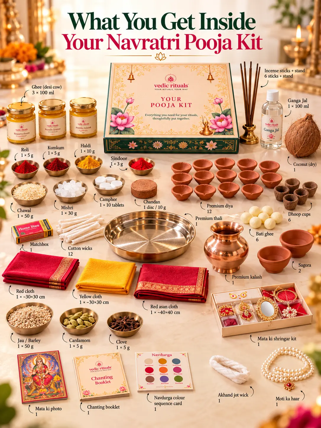 Navratri Pooja Kit essentials laid out with labelled contents