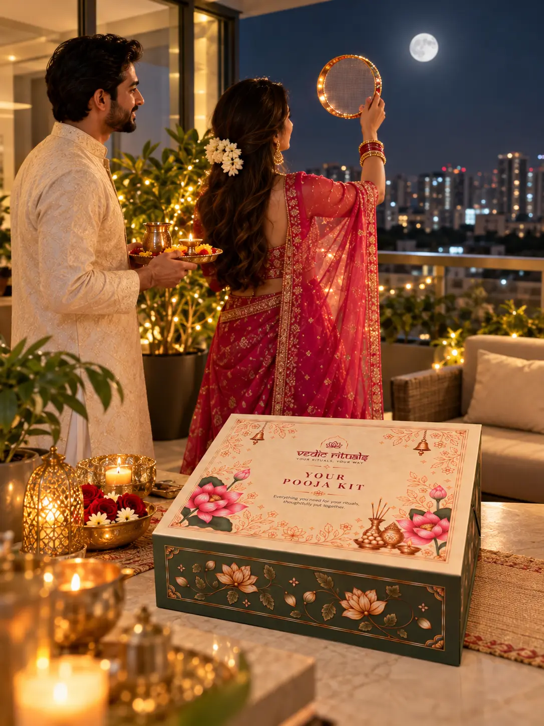 A couple keeping Karwa Chauth on a moonlit terrace with the kit box, printed guide and a lit pooja thali