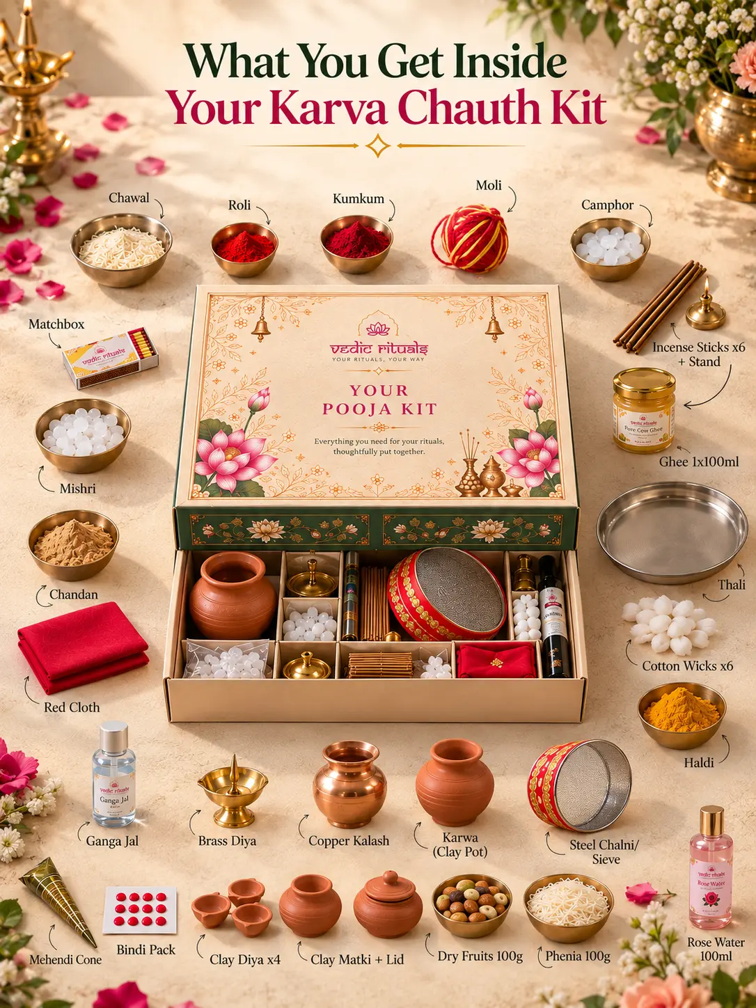 Karwa Chauth Kit contents laid out and labelled around the open box