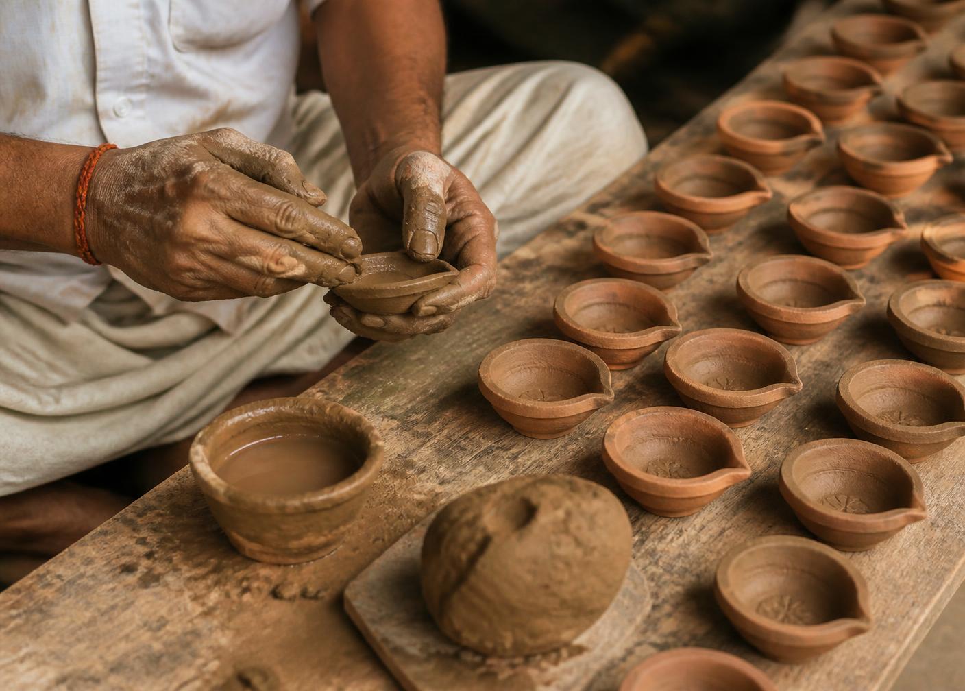 A potter shaping clay diyas by hand, with rows of finished lamps drying beside him