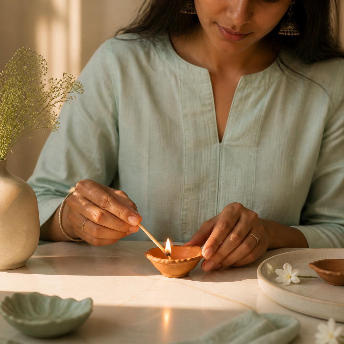 A woman lighting a small clay diya on a table in soft evening light