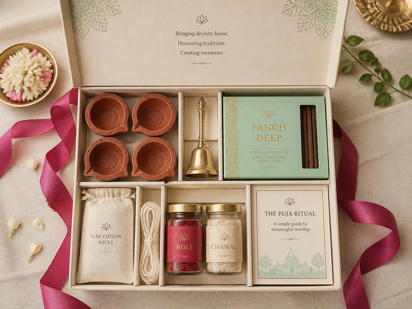 An open Vedic Rituals festival kit with clay diyas, brass bell, incense, cotton wicks, roli and chawal jars and a printed ritual guide