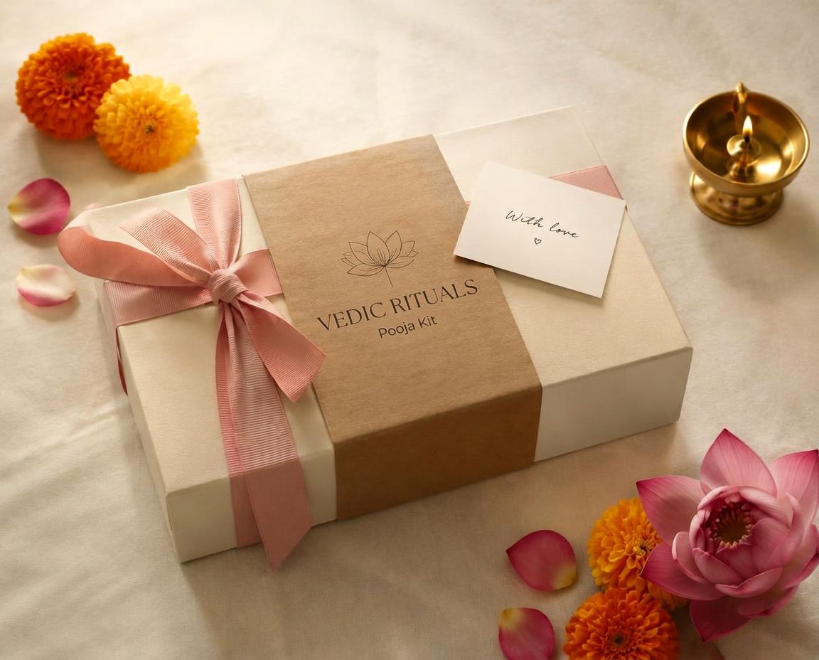 A Vedic Rituals kit box tied with a pink ribbon, with a handwritten gift card, petals and a brass diya