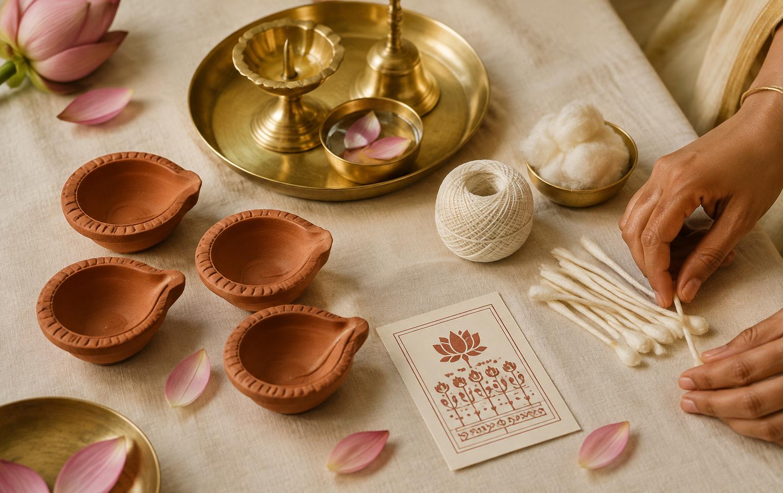 Clay diyas, brass pooja items, cotton wicks and a printed guide card on ivory linen